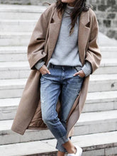 Aurohaya Long Wool Coat for Women Buttoned, Pockets, Lapel Collar, Long Sleeves Elegant Stylish Blouson